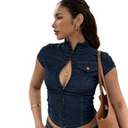 Damen modische Kurzarm Denim-Bluse mit eleganter Knopf-Detailierung R&B