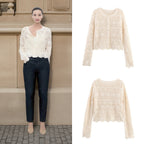 Damen lässige Strickjacke mit floralem Lochmuster und Knopfleiste R&B