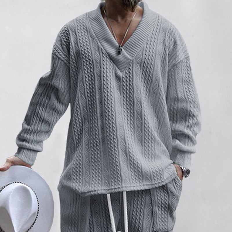 Herren nan Oversize Zopfmuster-Longpullover mit tiefem V-Ausschnitt und passender Strickhose R&B