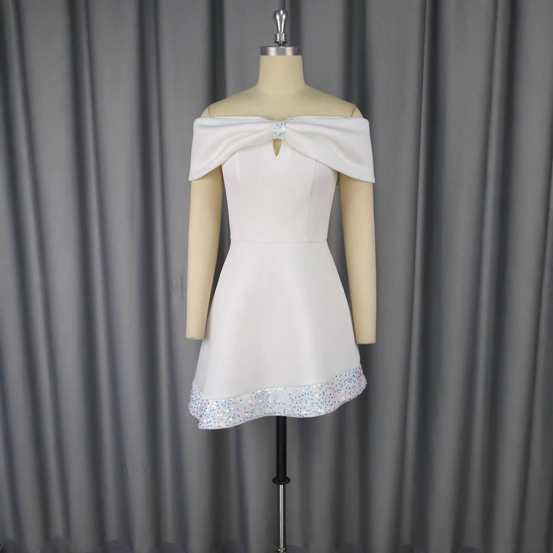 Damen Elegantes Cocktailkleid mit Off-Shoulder Design und verzierter Schleife R&B