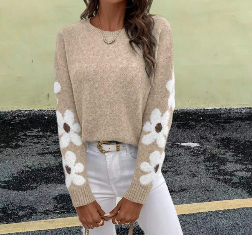 Damen Strickpullover mit floralem Muster und Rundhalsausschnitt R&B