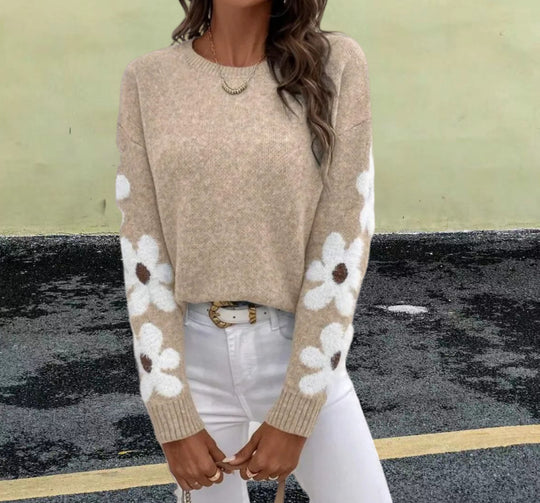 Damen Strickpullover mit floralem Muster und Rundhalsausschnitt R&B