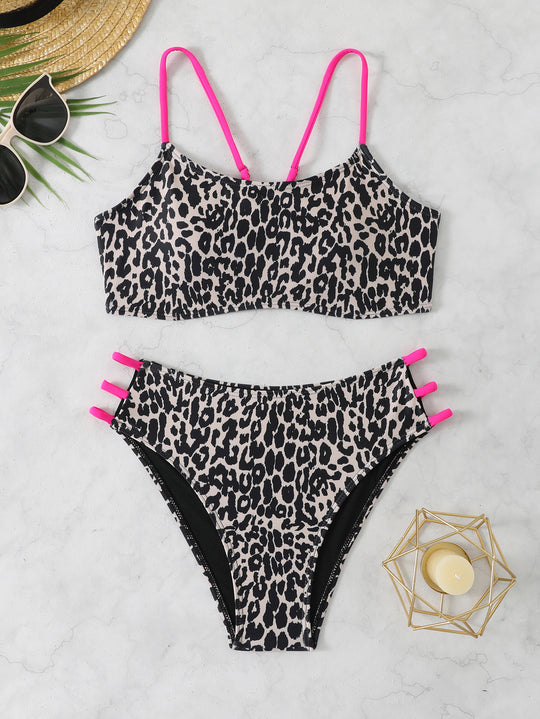 Damen Bikini-Set mit innovativen Trägerdetails und modischem Leopardenmuster R&B