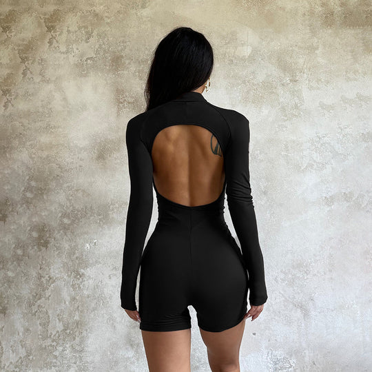 Damen figurausgleichender Langarm-Jumpsuit mit tiefem Ausschnitt und Reißverschluss R&B