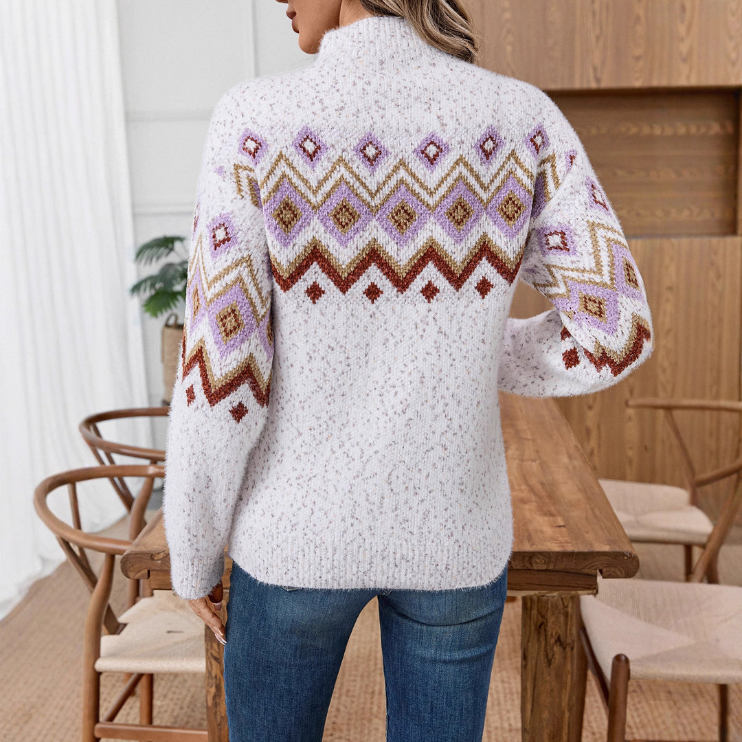 Damen Strickpullover mit modischem Muster und hohem Kragen R&B
