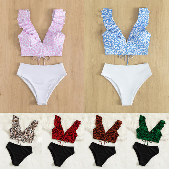 Damen Triangel-Bikini mit modischem Leopardenmuster und Rüschendetails R&B