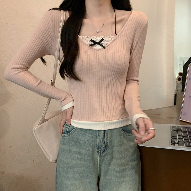 Damen Langarmshirt mit V-Ausschnitt und Spitzenakzenten