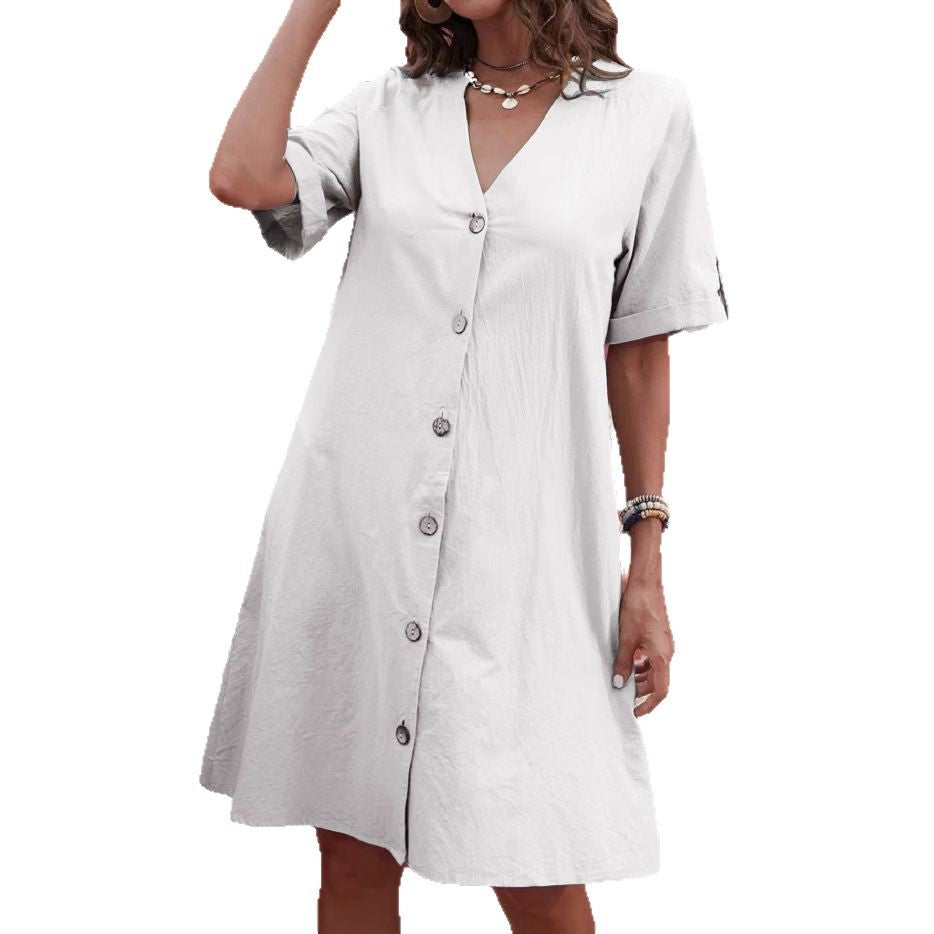 Damen Knielanges Hemdblusenkleid mit Knopfleiste und Kurzarm R&B