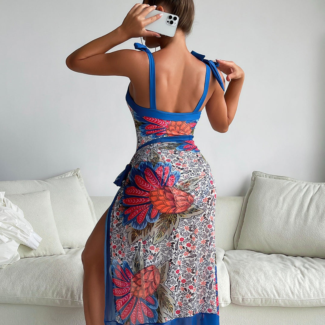 Damen Eleganter und komfortabler Blumendruck-Badeanzug mit passendem Wickelrock R&B