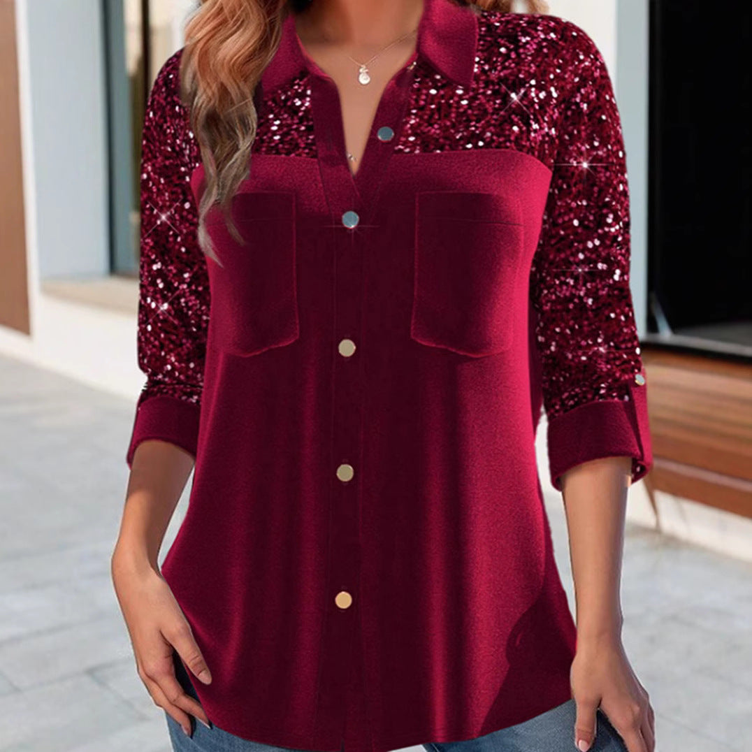 Damen nan Paillettenbesetzte Tunika-Bluse mit Hemdkragen, Brusttaschen und legerer Passform R&B
