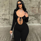 Damen Figurbetonter Langarm-Jumpsuit mit herzförmigem Ausschnitt und schnürbarem Detail R&B