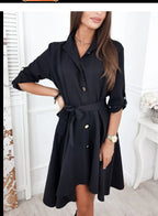 Damen Elegantes Hemdblusenkleid mit Taillengürtel und Knopfdetails R&B