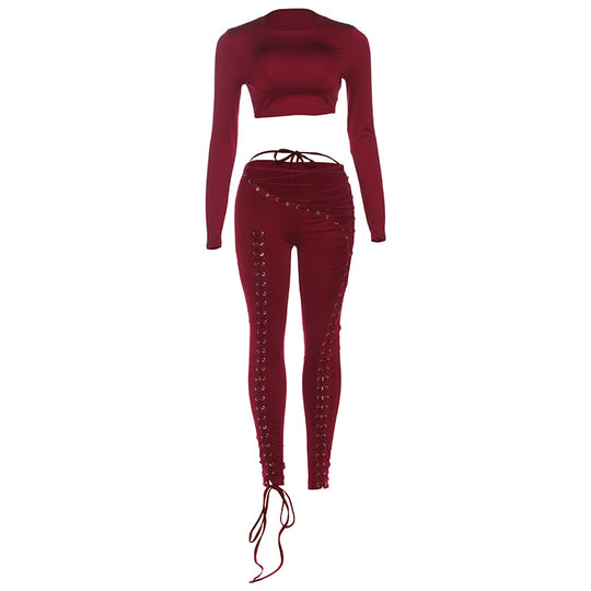 Damen Crop-Top und Hoch geschnittene Leggings mit Schnürdetails R&B