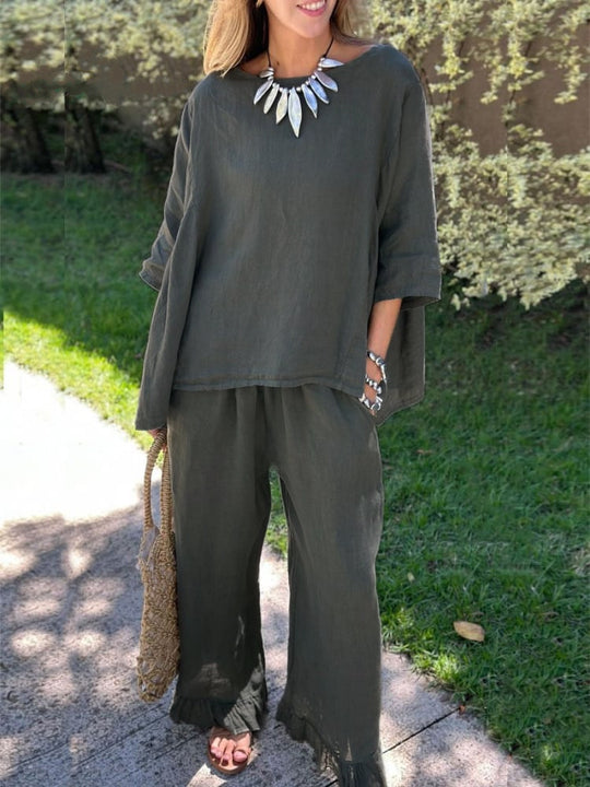 Damen lässiges Leinen-Outfit mit weitem Schnitt und angeschnittenen Ärmeln R&B