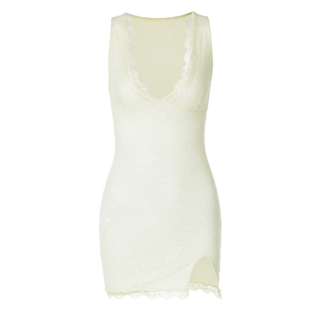 Damen Spitzenkleid mit tiefem V-Ausschnitt und seitlichem Schlitz R&B