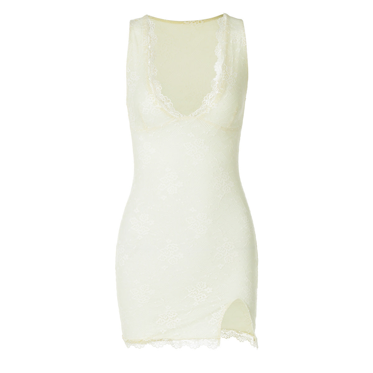 Damen Spitzenkleid mit tiefem V-Ausschnitt und seitlichem Schlitz R&B