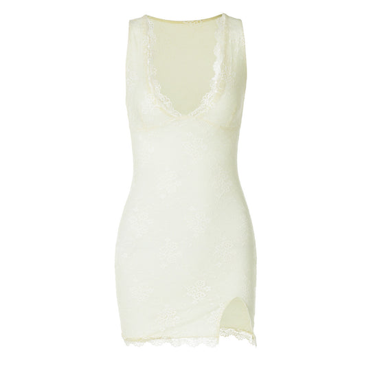 Damen Spitzenkleid mit tiefem V-Ausschnitt und seitlichem Schlitz R&B