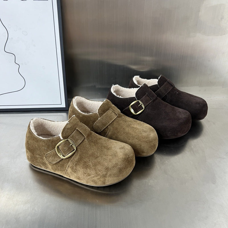 Damen Komfortable Wildleder-Clogs mit luxuriösem Fleece-Innenfutter und modischer Schnallenverzierung R&B