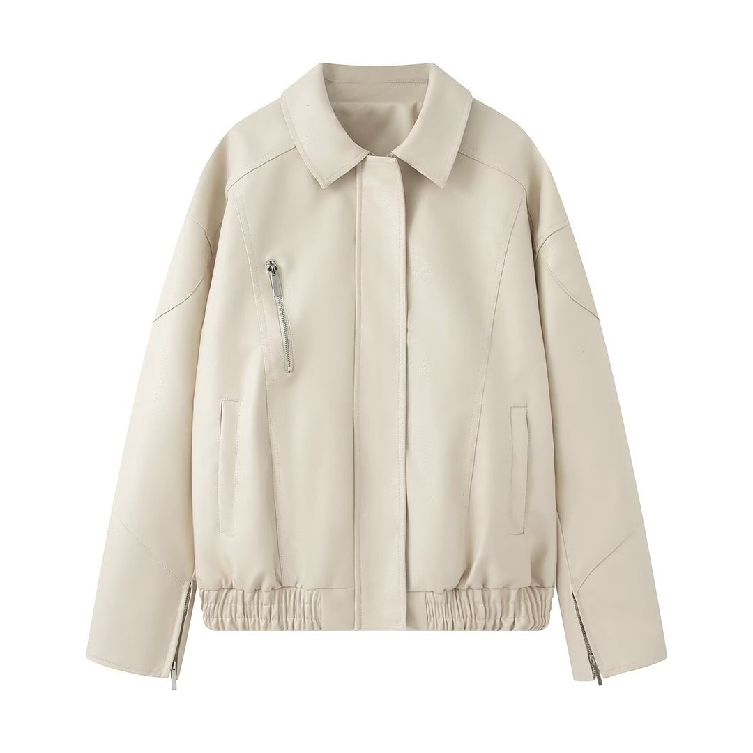 Damen elegante Kunstlederjacke mit praktischen Reißverschluss-Taschen R&B