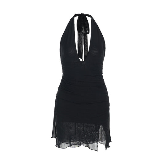 Damen Halterneck Minikleid mit tiefem V-Ausschnitt und seitlichem Schlitz R&B