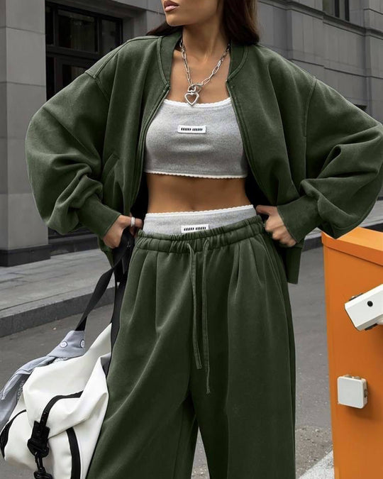 Damen lässiges Lounge-Set mit weiten Hosen und sportlicher Jacke R&B