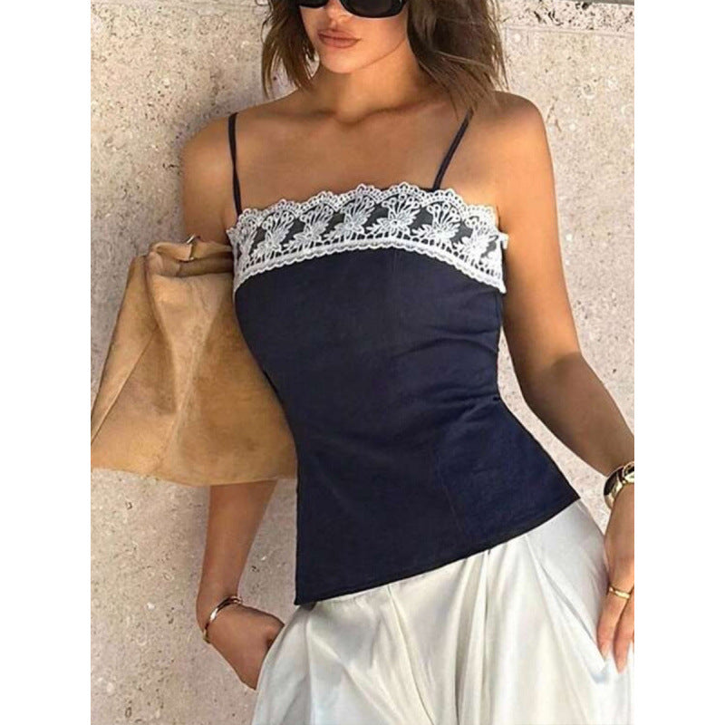 Damen Spaghetti-Träger Top mit elegantem Spitzenrand R&B