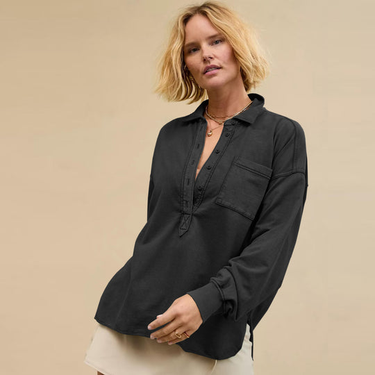 Damen Elegantes langärmliges Oberteil mit Knopfleiste und Brusttasche R&B