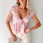 Damen Bluse mit romantischem Rosenmuster und zartem Bindegürtel R&B