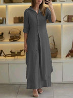 Damen nan langes Leinen-Hemdblusenkleid mit durchgehender Knopfleiste, Hemdkragen und dezentem A-Linien-Schnitt R&B
