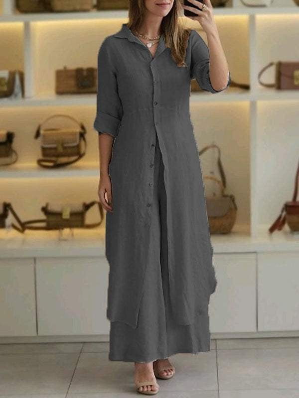 Damen nan langes Leinen-Hemdblusenkleid mit durchgehender Knopfleiste, Hemdkragen und dezentem A-Linien-Schnitt R&B