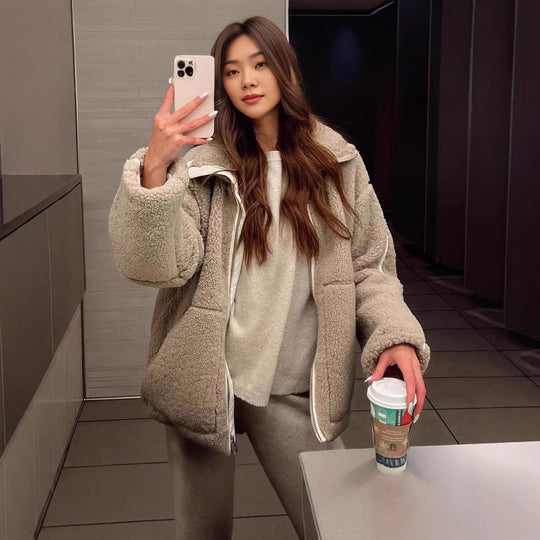 Damen Teddy-Fleecejacke mit hohem Kragen und seitlichen Reißverschlusstaschen R&B