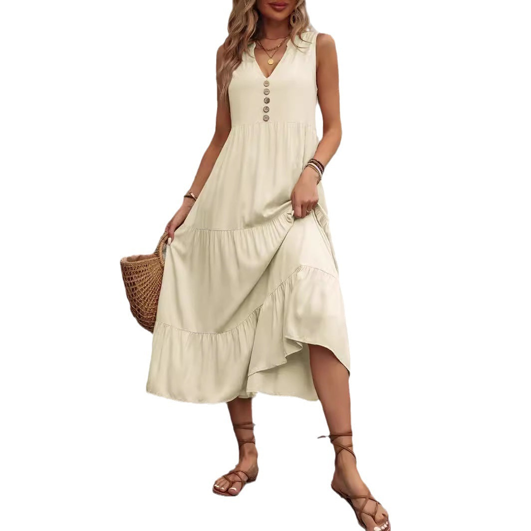 Damen Midikleid mit V-Ausschnitt und dekorativen Knöpfen R&B
