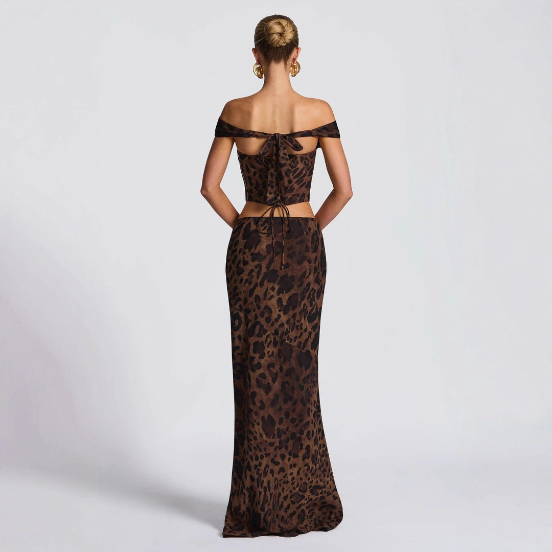Damen Elegantes Set aus Crop-Top und Maxirock mit Leopardenmuster R&B