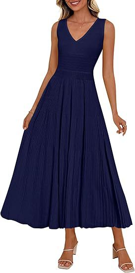 Damen Plisseekleid mit V-Ausschnitt und weitem Saum R&B