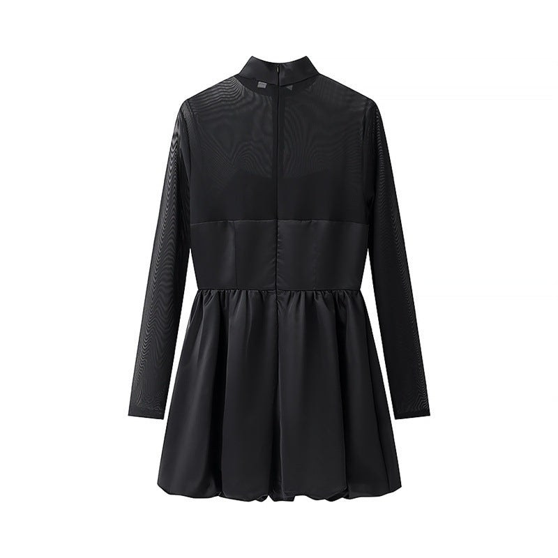 Damen elegantes Minikleid mit transparenten Ärmeln und hohem Kragen R&B