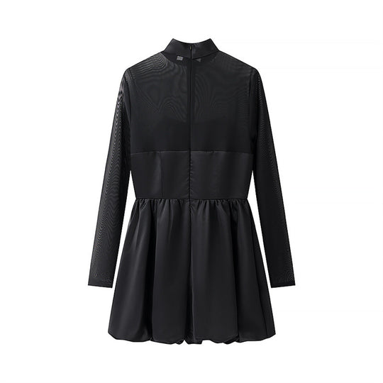 Damen elegantes Minikleid mit transparenten Ärmeln und hohem Kragen R&B