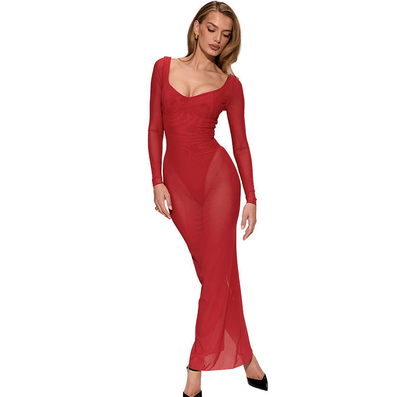 Damen transparentes Maxikleid mit figurformendem Schnitt R&B