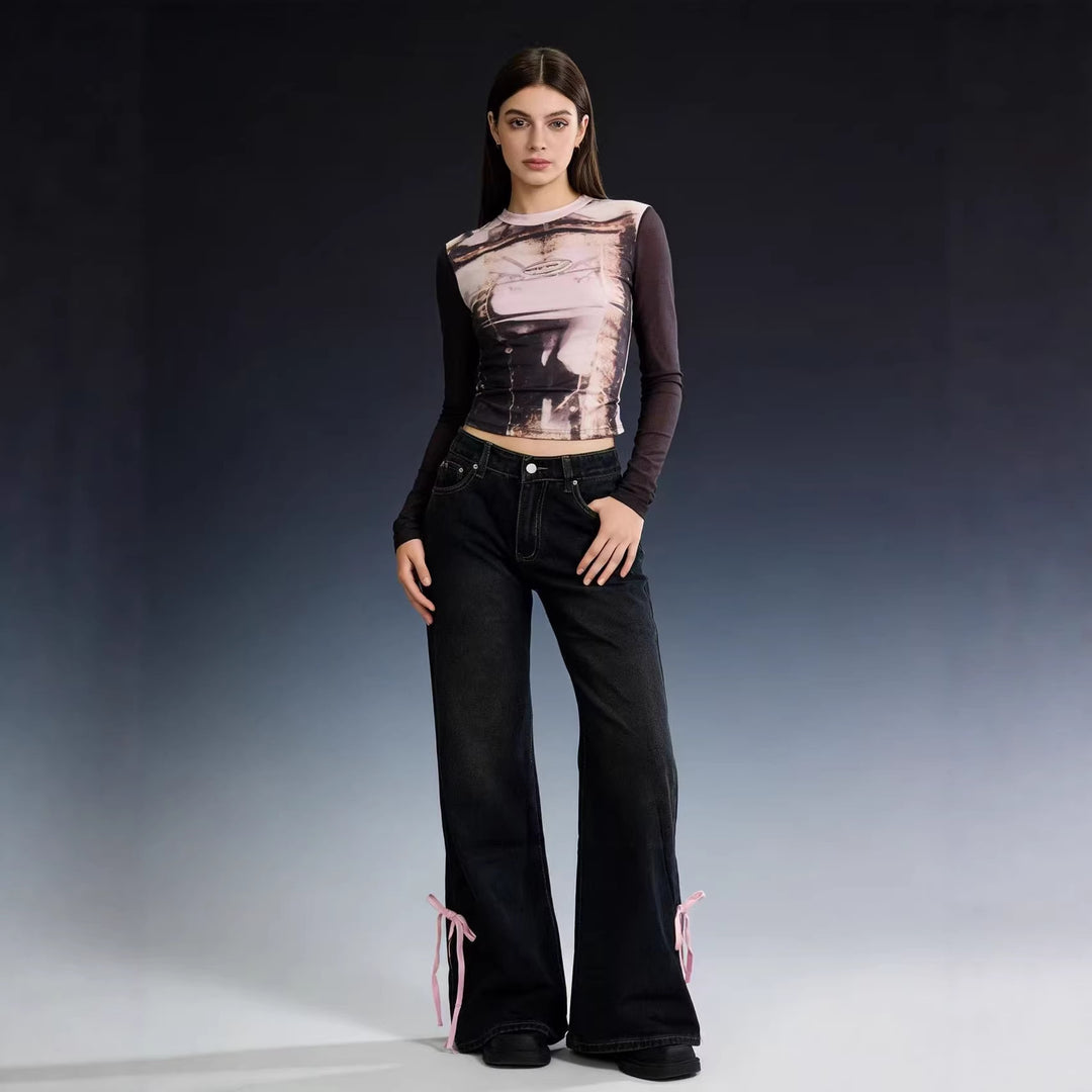 Damen Weite Jeans mit dekorativen Schnürdetails