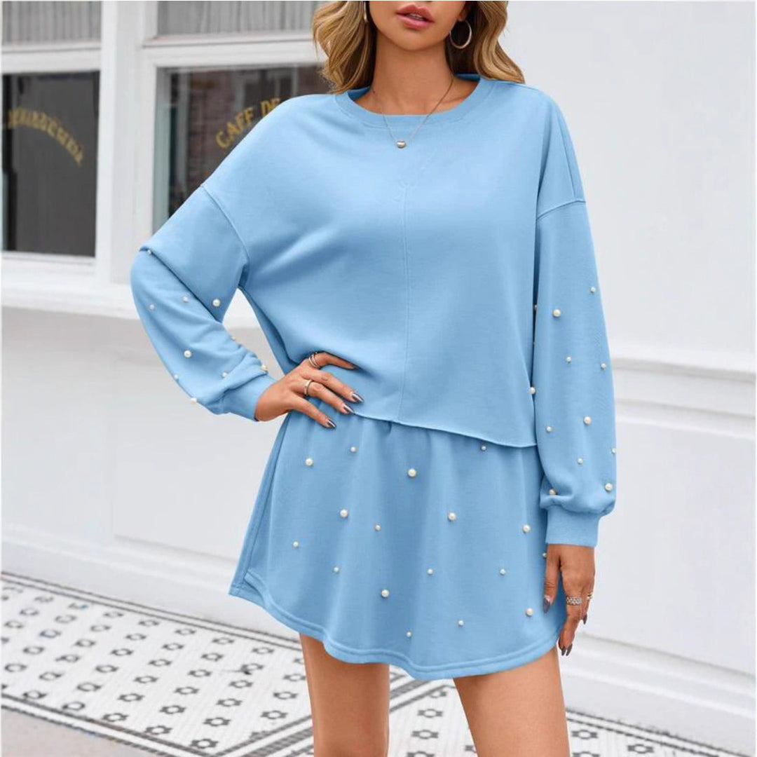 Damen nan perlenbesetztes Sweat-Set mit überschnittenem Pullover und ausgestelltem Minirock R&B