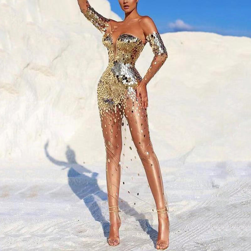 Damen Glitzerndes Abendkleid mit transparenten Ärmeln R&B