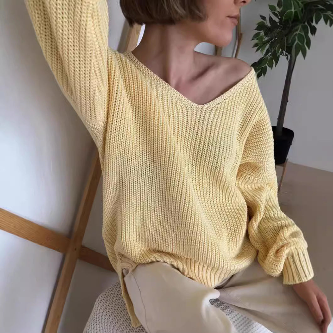 Damen lässiger Strickpullover mit tiefem V-Ausschnitt und seitlichen Schlitzen R&B