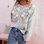 Damen Strickjacke mit floralem Design und Knopfverschluss R&B