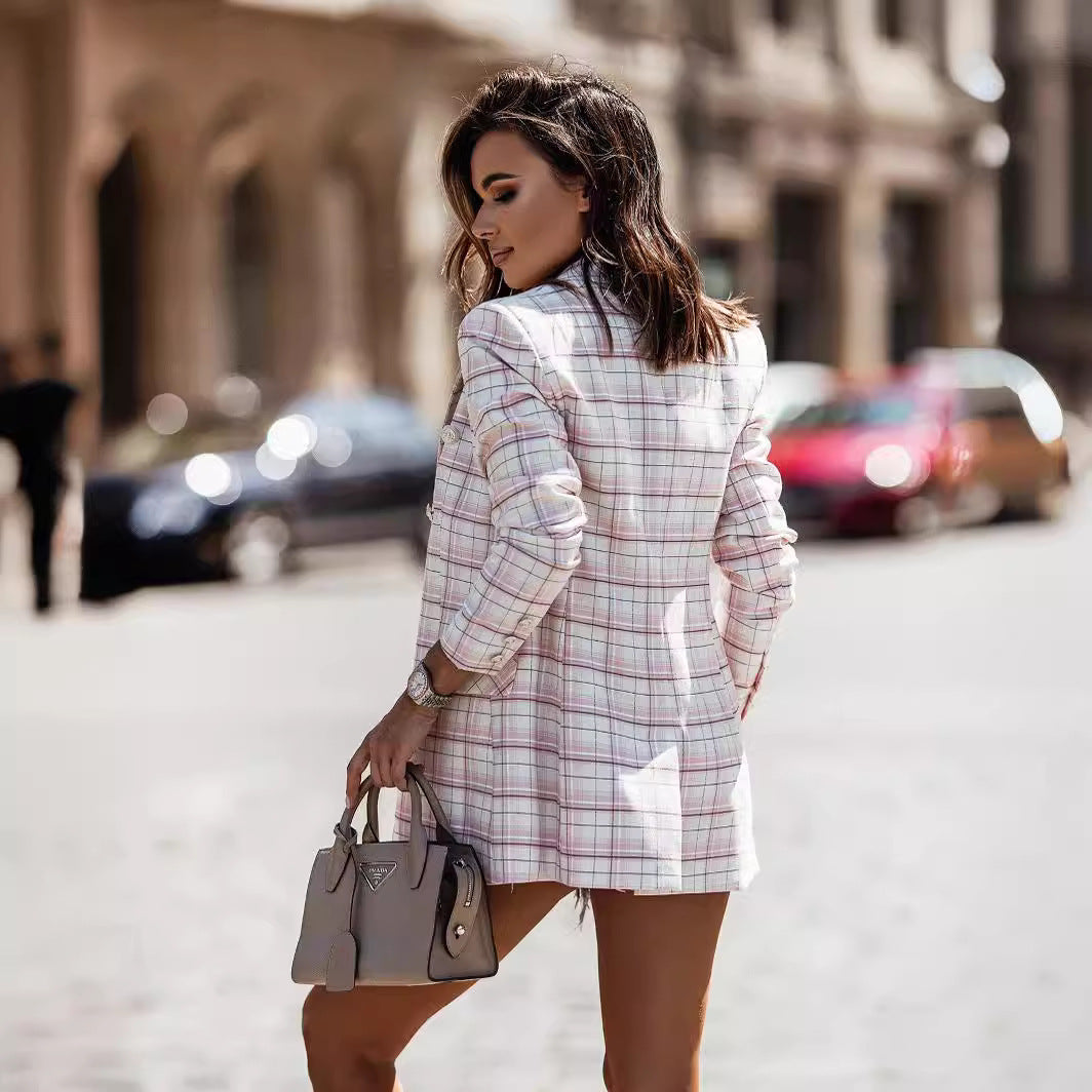 Damen elegante Blazerjacke im karierten Design mit Doppeltasten R&B