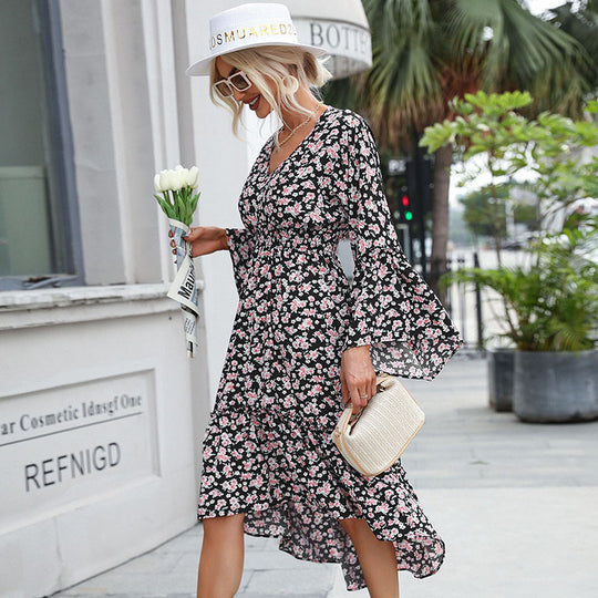 Damen Maxi-Kleid mit voluminösen Ärmeln und floralem Taillenbund R&B
