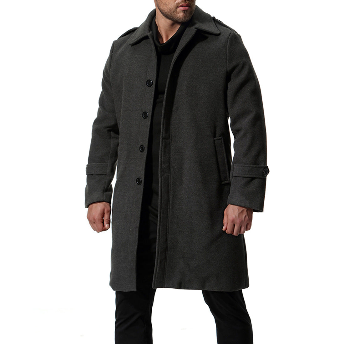 Herren langer Wollmantel mit klassischem Schnitt und praktischen Taschen