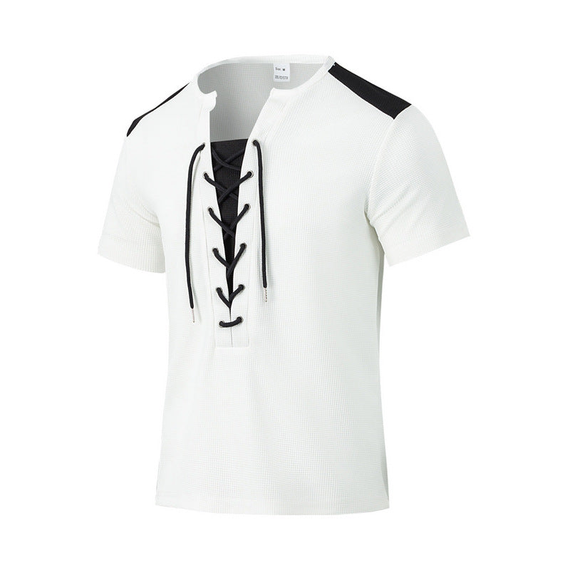Herren Kurzarm-Henley-T-Shirt mit dekorativen Schnürdetails und atmungsaktiver Struktur R&B