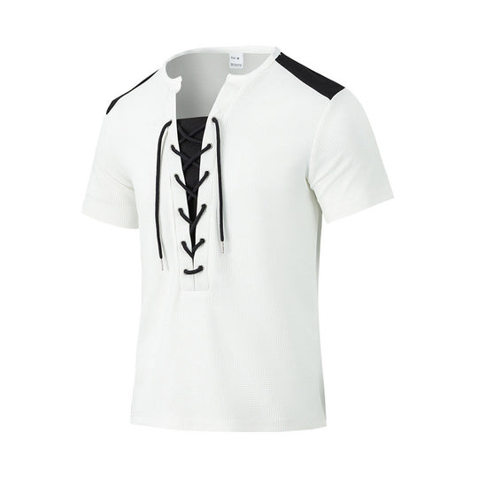 Herren Kurzarm-Henley-T-Shirt mit dekorativen Schnürdetails und atmungsaktiver Struktur R&B