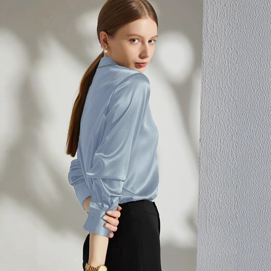 Damen Luxus Satin-Bluse mit elegantem Kragen und weichen Ärmeln R&B