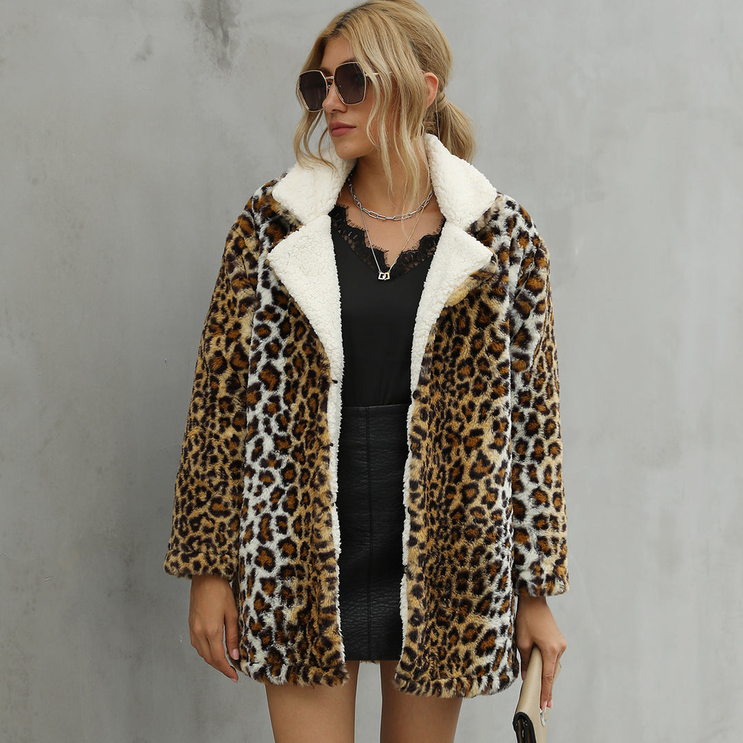 Damen Kunstfelljacke mit modischem Leopardenmuster und weichem Innenfutter R&B