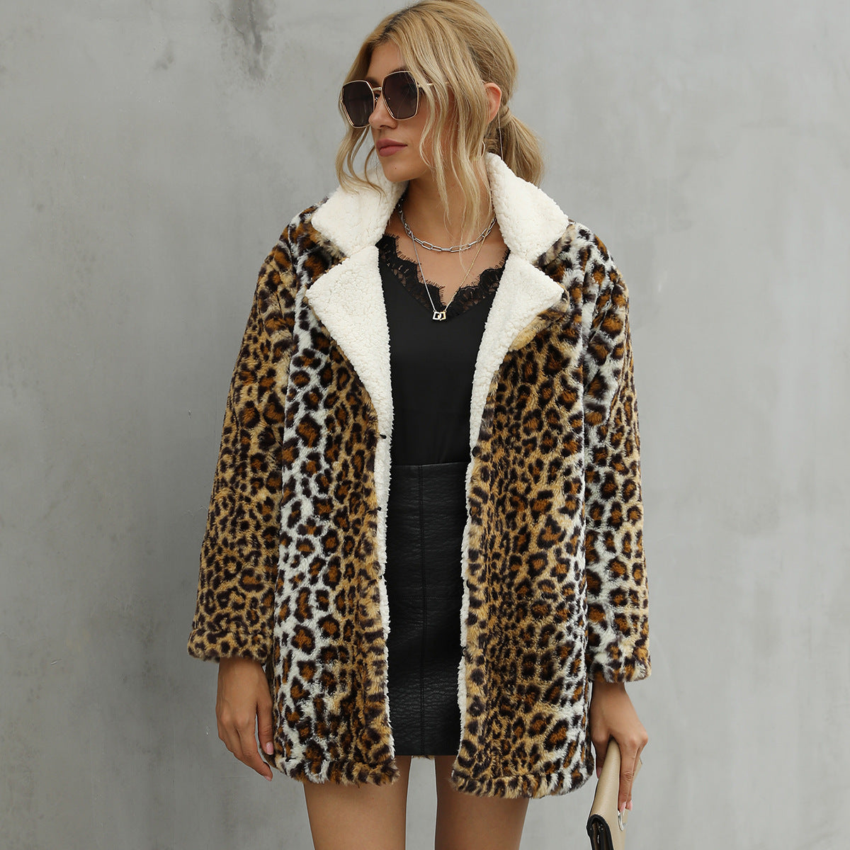 Damen Kunstfelljacke mit modischem Leopardenmuster und weichem Innenfutter R&B